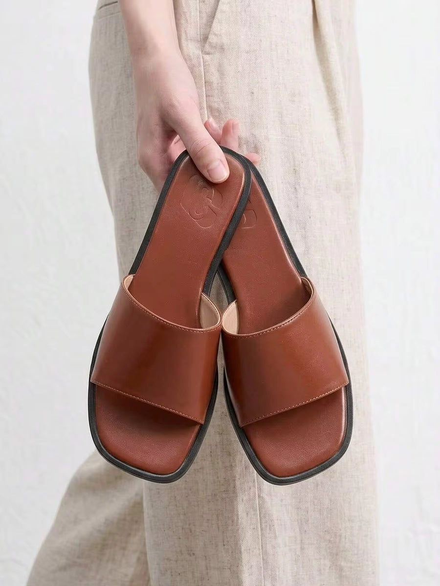 CUCCOO BIZCHIC Ladies Comfort Square Toe Light Board PU Material Soft Solid Brown Flat Sandals Slip-On, Holiday Shoes, Suitable For Summer Commuter Holidays, Holidays, Easter And Beach Parties Women's Mules Slippers Fashion