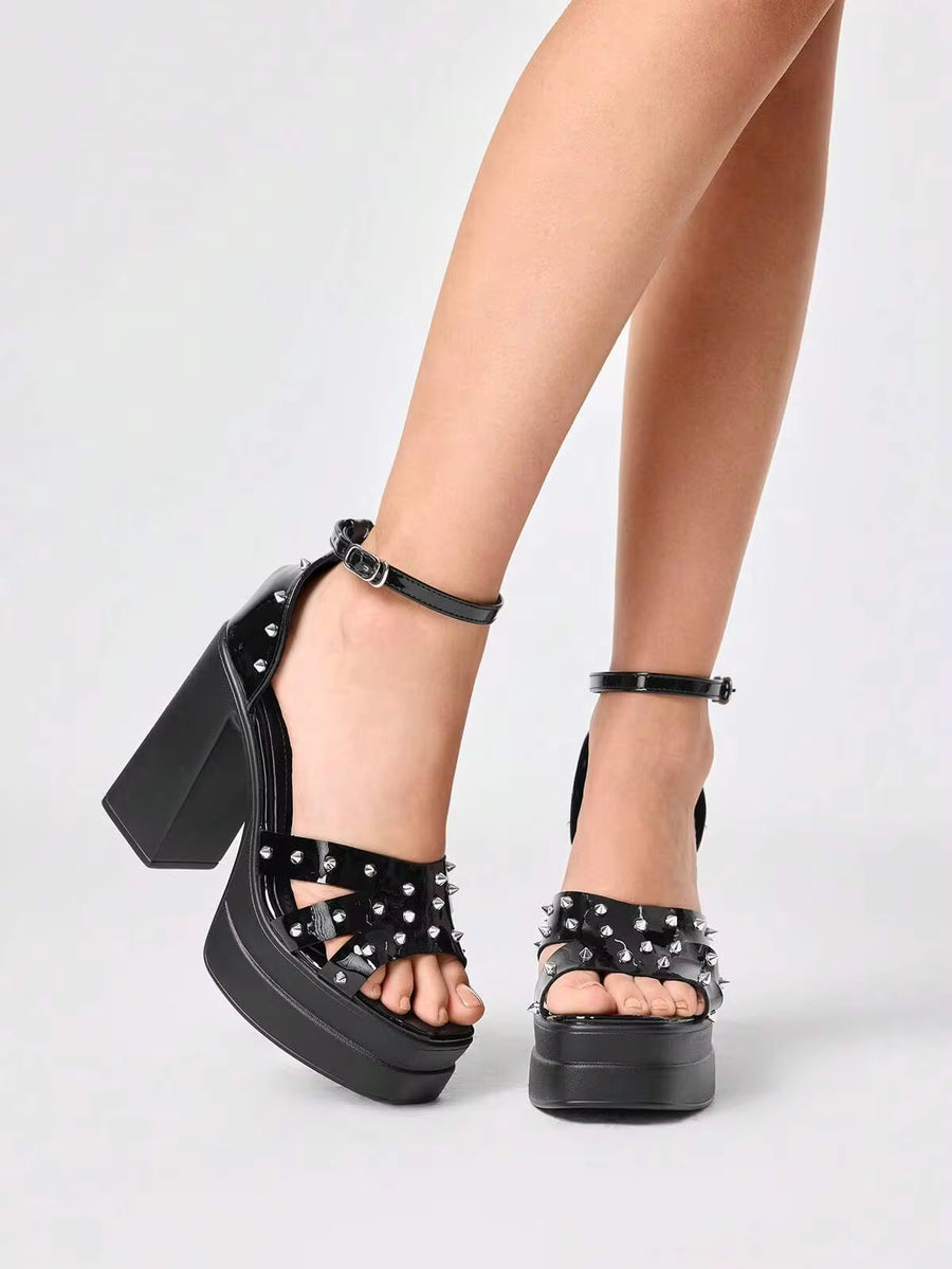 ROMWE Grunge Punk Ladies Sexy Fashion Platform High-Heeled Sandals, Punk Style Gothic Street Style Rivet Inlaid With Decorative Design, Spring, Summer And Autumn